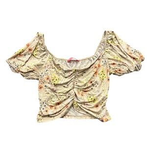 Misty Rose Floral Ruched Sweetheart Crop Top Puff Sleeve Beige Womens XXS‎